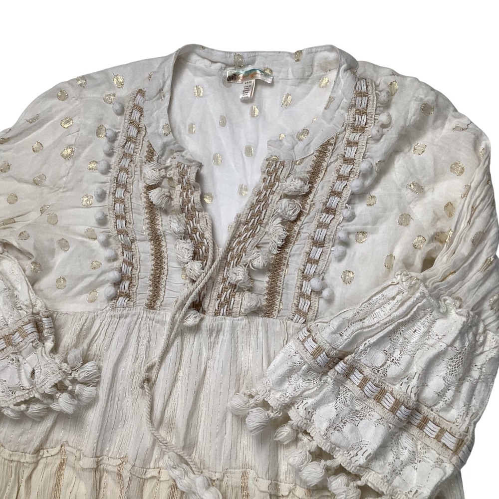 Rise & Blossom Gold Dot Tiered Tassel Pom‎ Pom V-Neck Tunic Dress S/P CH - Picture 10 of 14